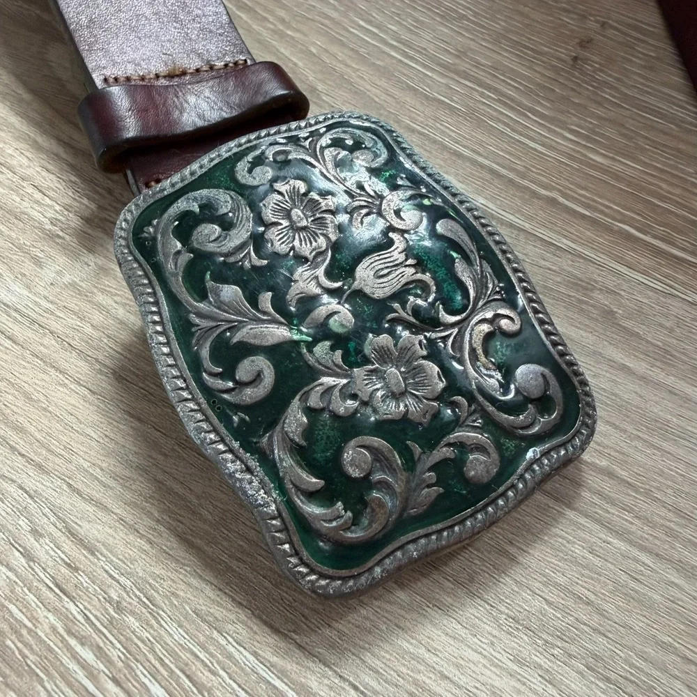 Vintage Women's Size M GAP Brown Leather Belt Floral Enamel Buckle Green Italy